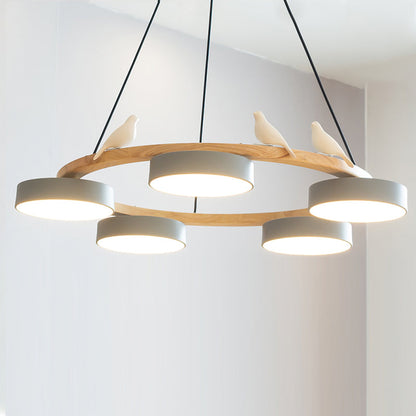 Round Wooden Ceiling Light with Bird Accents 26 Inch 4-Bulb LED Fixture Adjustable Height for Dining Room Kitchen Living Room Hallway Entryw