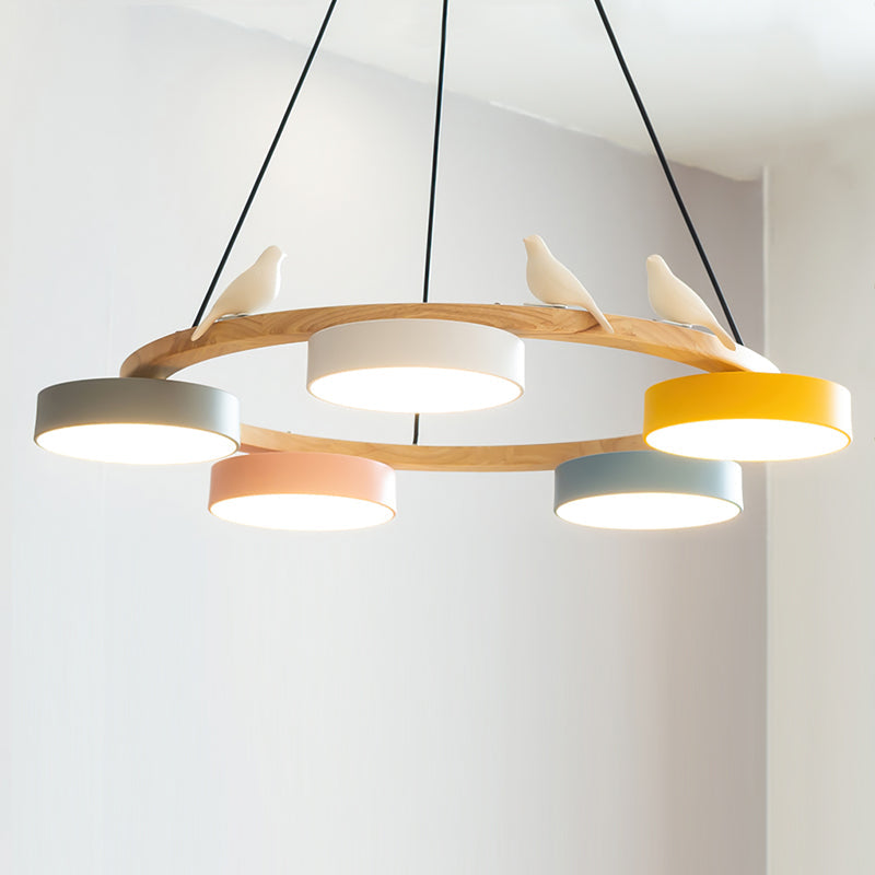 Round Wooden Ceiling Light with Bird Accents 26 Inch 4-Bulb LED Fixture Adjustable Height for Dining Room Kitchen Living Room Hallway Entryw