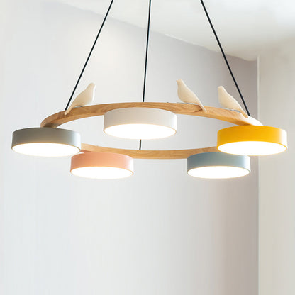 Round Wooden Ceiling Light with Bird Accents 26 Inch 4-Bulb LED Fixture Adjustable Height for Dining Room Kitchen Living Room Hallway Entryw
