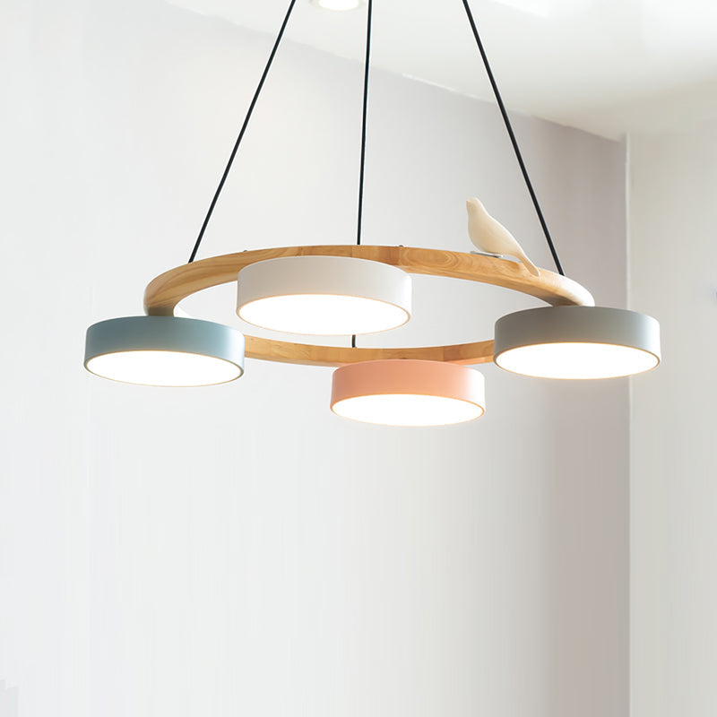 Round Wooden Ceiling Light with Bird Accents 26 Inch 4-Bulb LED Fixture Adjustable Height for Dining Room Kitchen Living Room Hallway Entryw