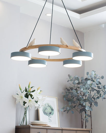 Round Wooden Ceiling Light with Bird Accents 26 Inch 4-Bulb LED Fixture Adjustable Height for Dining Room Kitchen Living Room Hallway Entryw