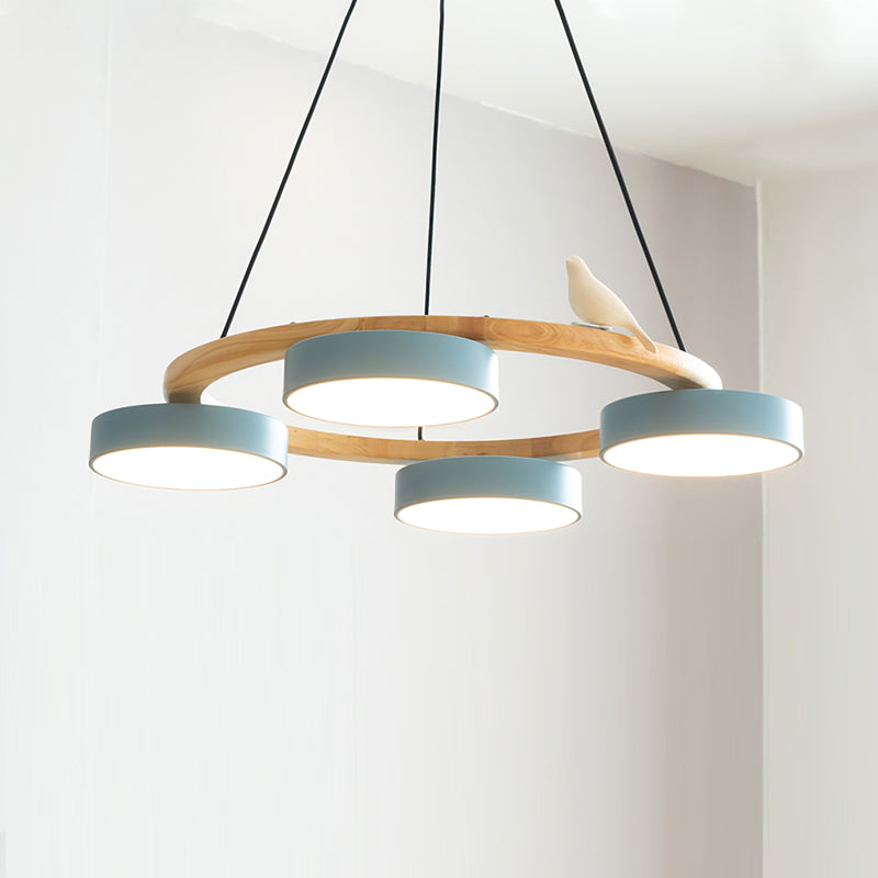 Round Wooden Ceiling Light with Bird Accents 26 Inch 4-Bulb LED Fixture Adjustable Height for Dining Room Kitchen Living Room Hallway Entryw