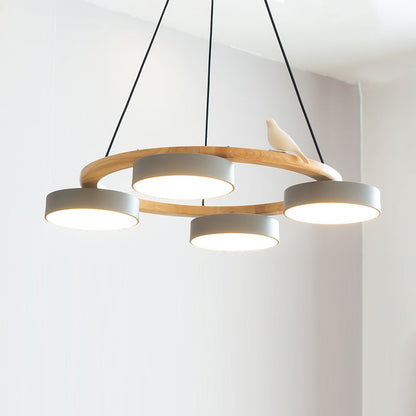Round Wooden Ceiling Light with Bird Accents 26 Inch 4-Bulb LED Fixture Adjustable Height for Dining Room Kitchen Living Room Hallway Entryw