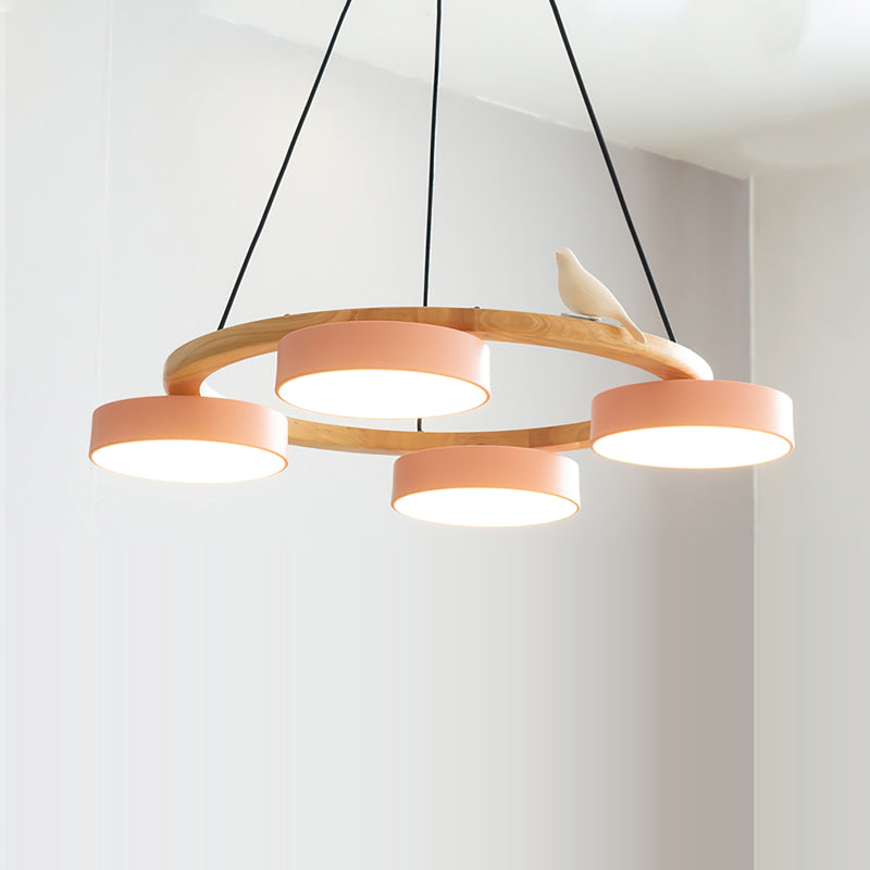 Round Wooden Ceiling Light with Bird Accents 26 Inch 4-Bulb LED Fixture Adjustable Height for Dining Room Kitchen Living Room Hallway Entryw