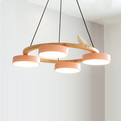 Round Wooden Ceiling Light with Bird Accents 26 Inch 4-Bulb LED Fixture Adjustable Height for Dining Room Kitchen Living Room Hallway Entryw