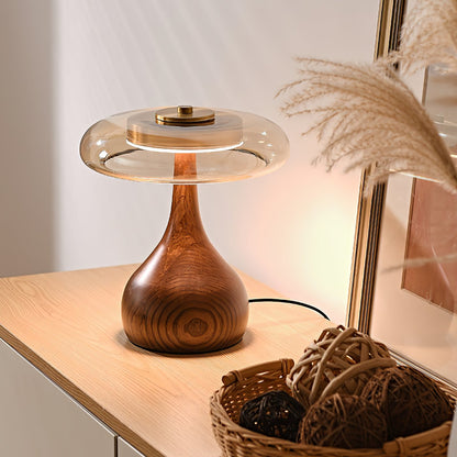 LED Desk Lamp with Amber Glass Shade & Natural Wood Base for Home Office, Bedroom & Nightstand | Adjustable Color Temperature 3000K-6000K