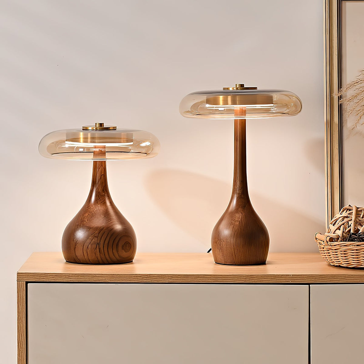LED Desk Lamp with Amber Glass Shade & Natural Wood Base for Home Office, Bedroom & Nightstand | Adjustable Color Temperature 3000K-6000K