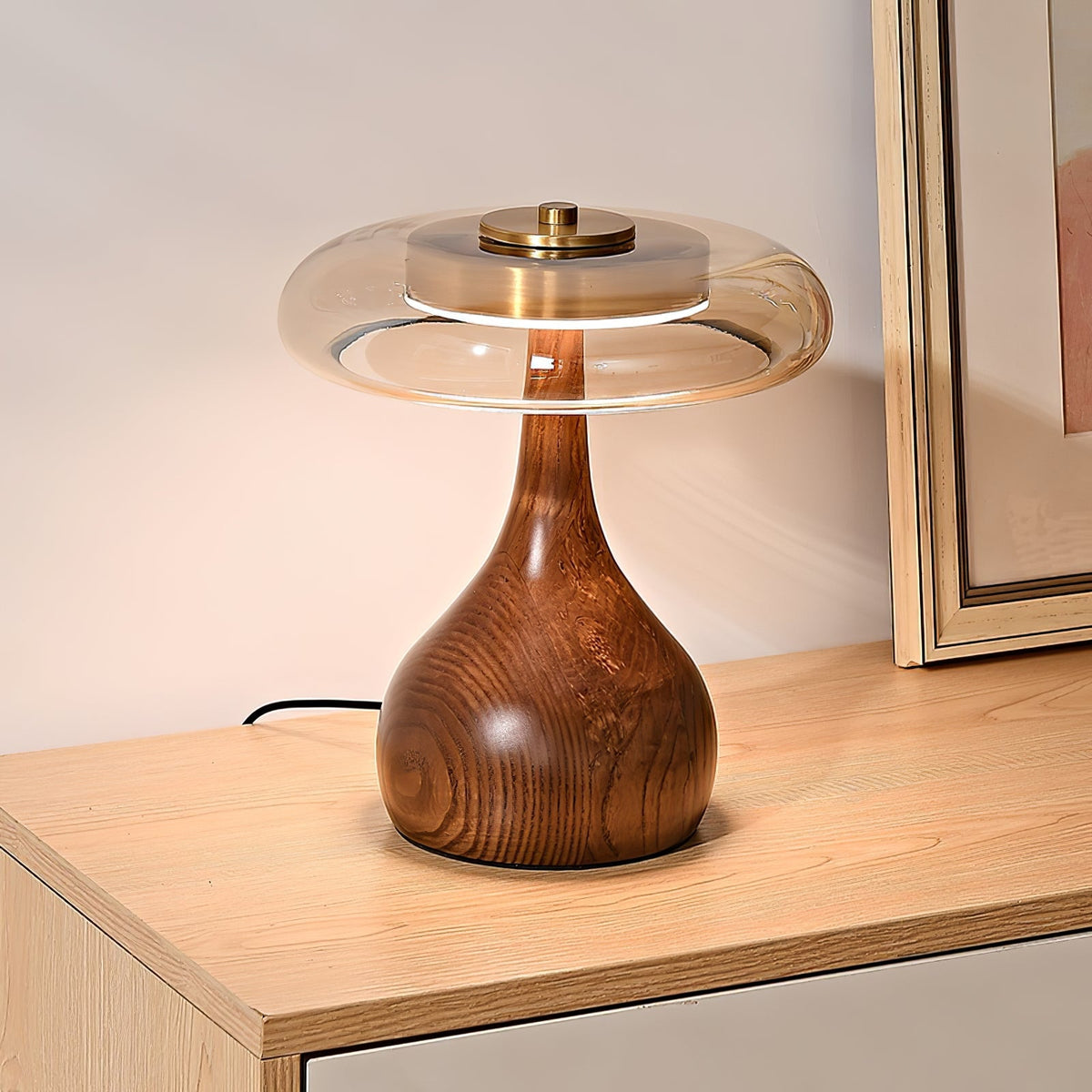 LED Desk Lamp with Amber Glass Shade & Natural Wood Base for Home Office, Bedroom & Nightstand | Adjustable Color Temperature 3000K-6000K