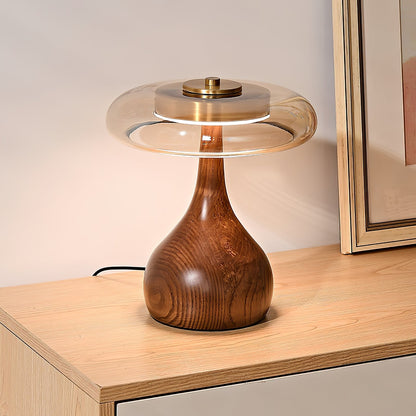 LED Desk Lamp with Amber Glass Shade & Natural Wood Base for Home Office, Bedroom & Nightstand | Adjustable Color Temperature 3000K-6000K