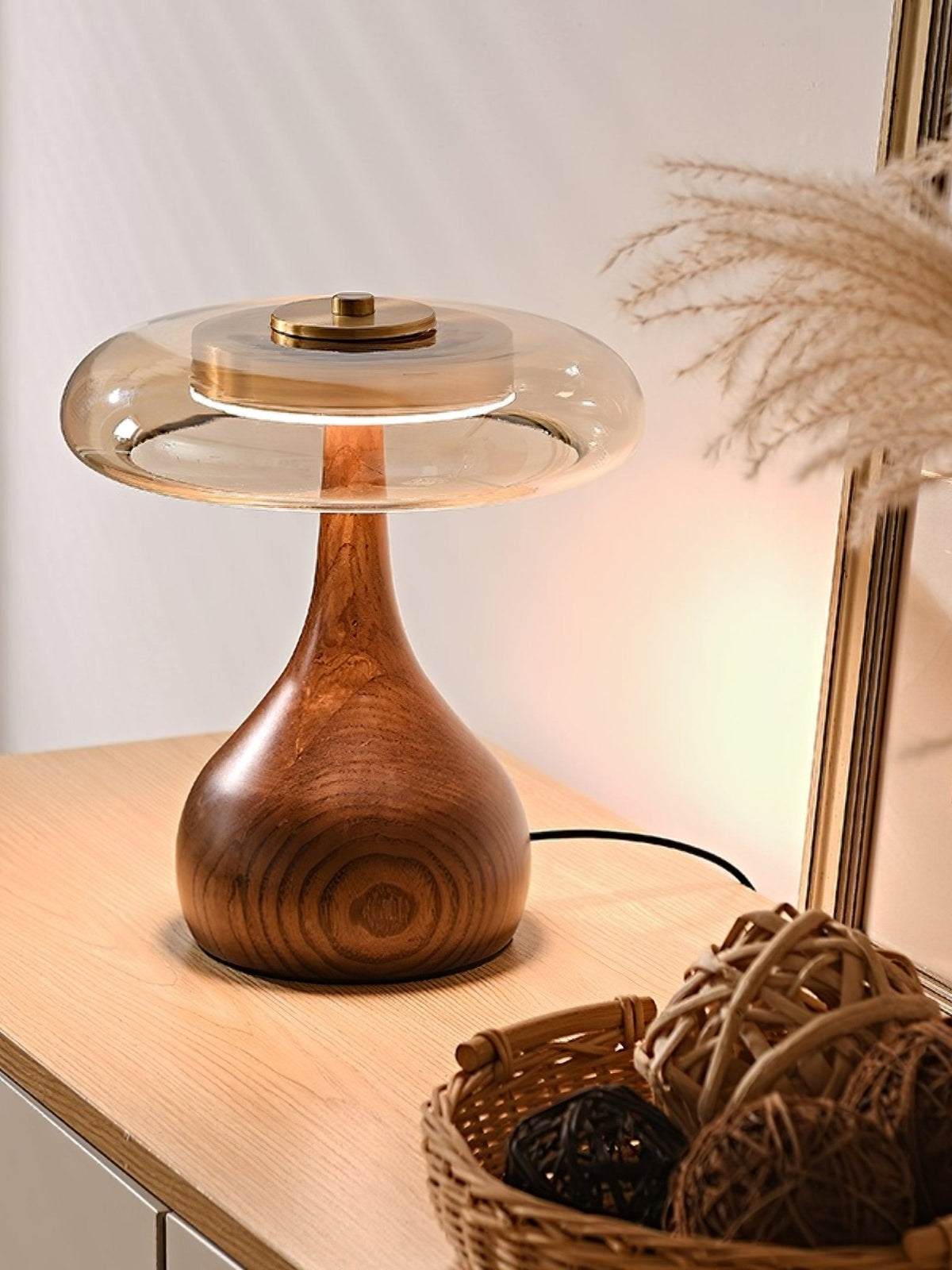 LED Desk Lamp with Amber Glass Shade & Natural Wood Base for Home Office, Bedroom & Nightstand | Adjustable Color Temperature 3000K-6000K