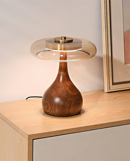LED Desk Lamp with Amber Glass Shade & Natural Wood Base for Home Office, Bedroom & Nightstand | Adjustable Color Temperature 3000K-6000K