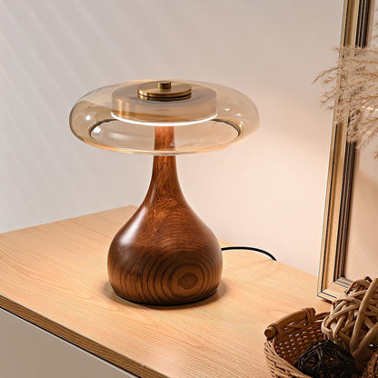 LED Desk Lamp with Amber Glass Shade & Natural Wood Base for Home Office, Bedroom & Nightstand | Adjustable Color Temperature 3000K-6000K