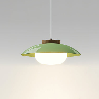 Saucer Shade Ceiling Pendant with Wood Rim for Kitchens & Dining Areas | Modern 11-Inch Hanging Fixture with Built-In LED, Warm 3000K Glow