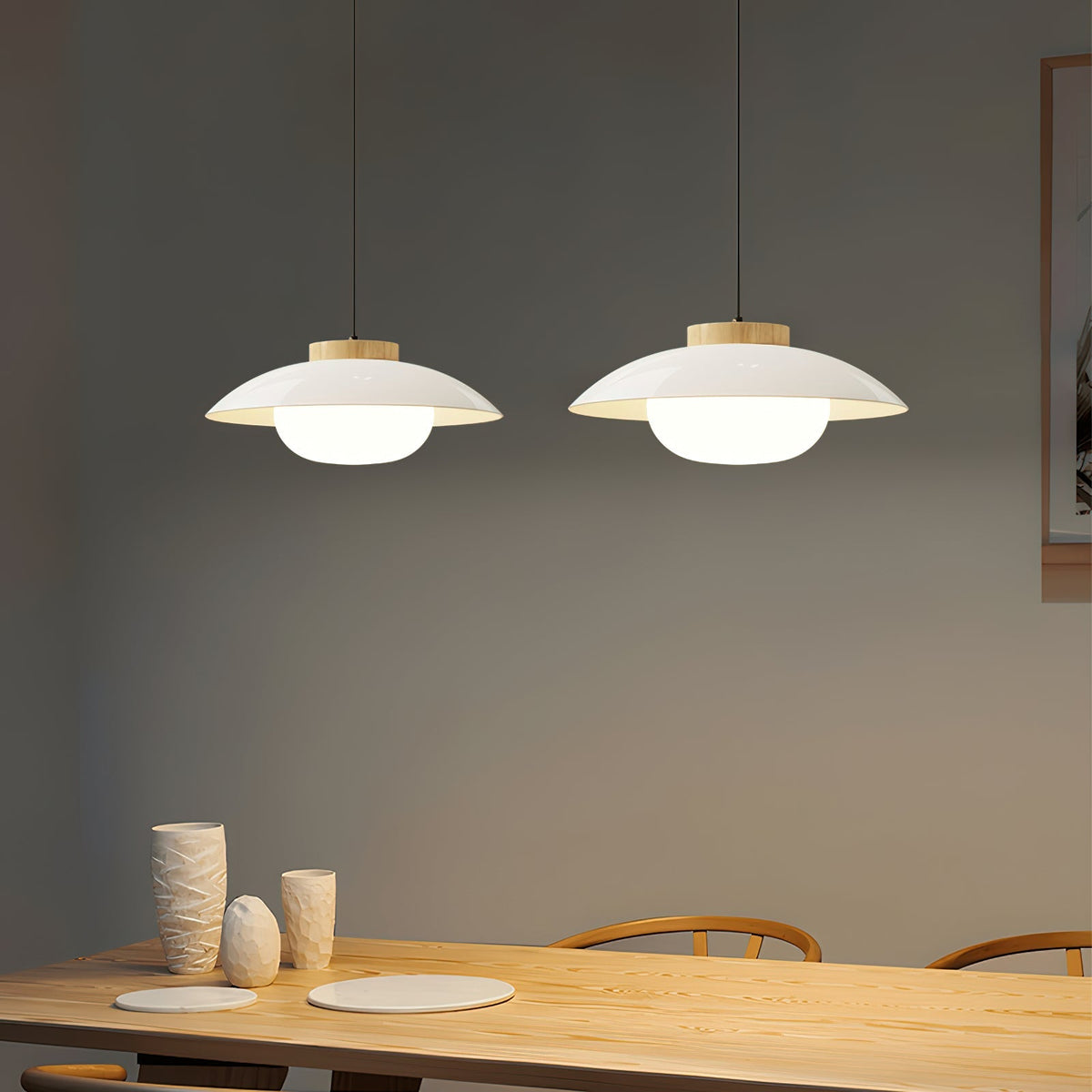 Saucer Shade Ceiling Pendant with Wood Rim for Kitchens & Dining Areas | Modern 11-Inch Hanging Fixture with Built-In LED, Warm 3000K Glow