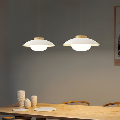 Saucer Shade Ceiling Pendant with Wood Rim for Kitchens & Dining Areas | Modern 11-Inch Hanging Fixture with Built-In LED, Warm 3000K Glow