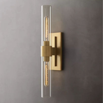 Industrial Glass Cylinder Wall Sconce with Metal Band, Dimmable LED Candle-Style Bulb, Brass & Glass 12-23 in Heights