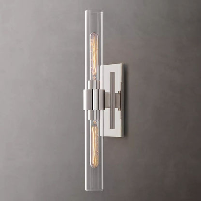 Industrial Glass Cylinder Wall Sconce with Metal Band, Dimmable LED Candle-Style Bulb, Brass & Glass 12-23 in Heights