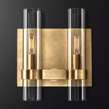 Industrial Glass Cylinder Wall Sconce with Metal Band, Dimmable LED Candle-Style Bulb, Brass & Glass 12-23 in Heights