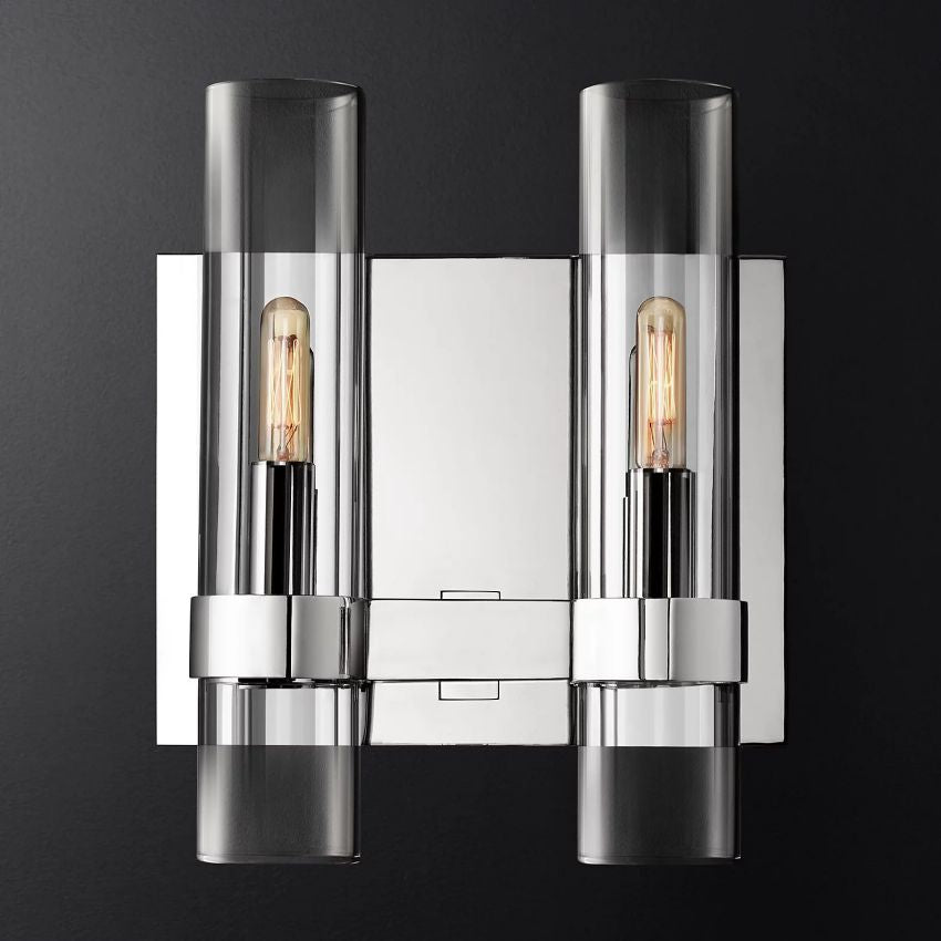 Industrial Glass Cylinder Wall Sconce with Metal Band, Dimmable LED Candle-Style Bulb, Brass & Glass 12-23 in Heights