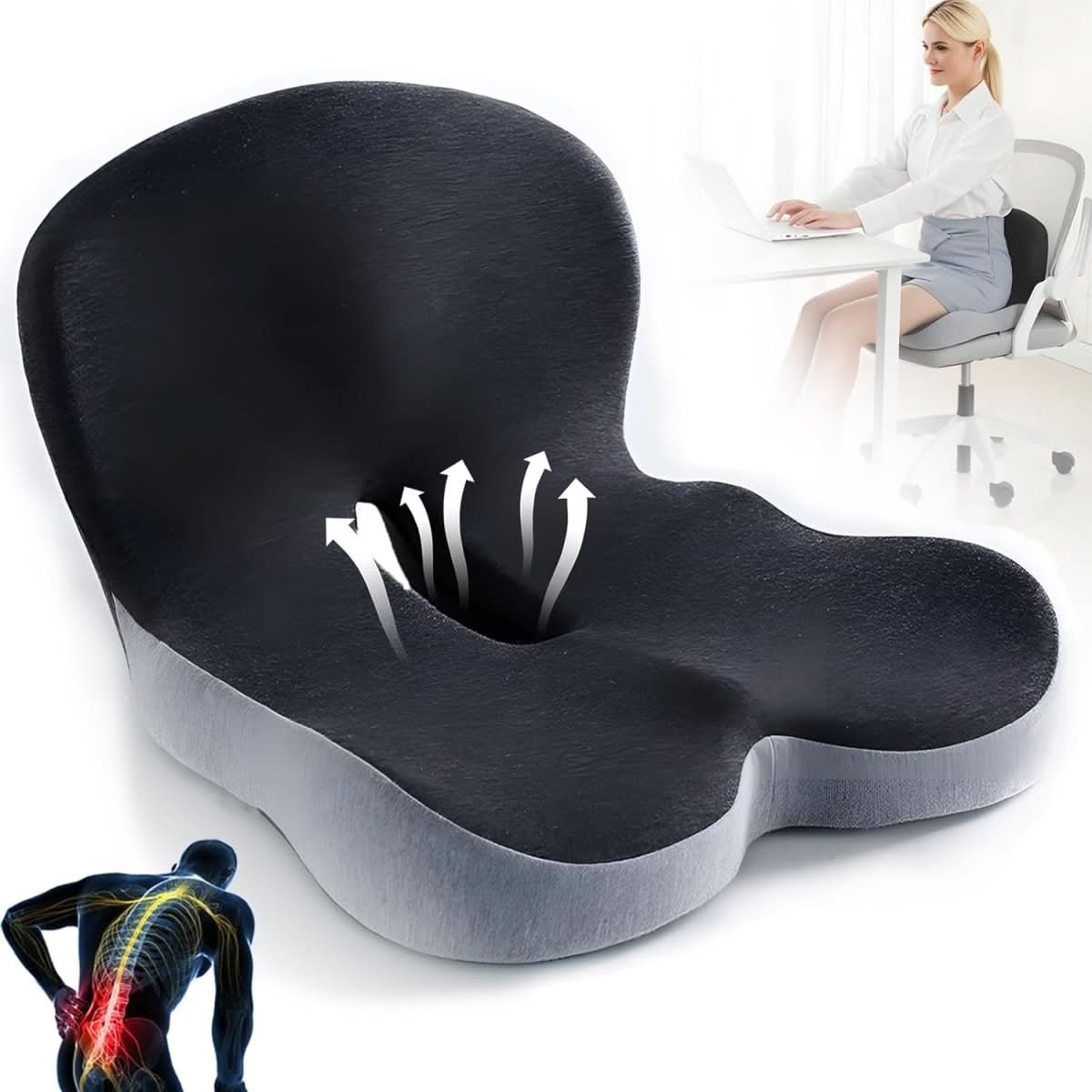 Memory Foam Seat Cushion for Office Chair, Car & Home | Non-Slip Base | Pressure Relief Support for Tailbone, Back & Hips | Portable Everyda