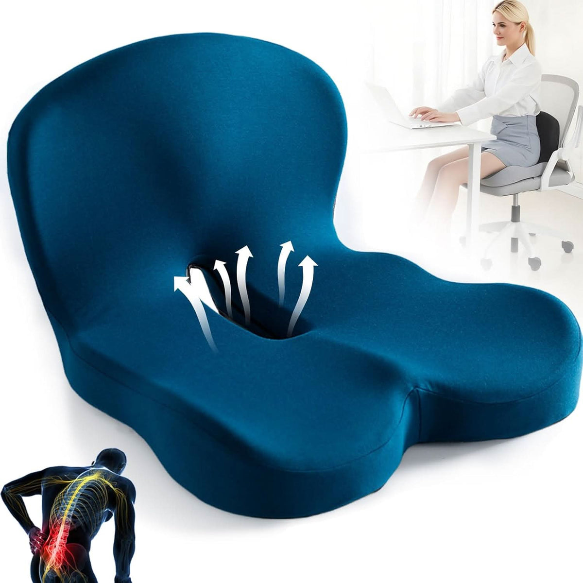 Memory Foam Seat Cushion for Office Chair, Car & Home | Non-Slip Base | Pressure Relief Support for Tailbone, Back & Hips | Portable Everyda