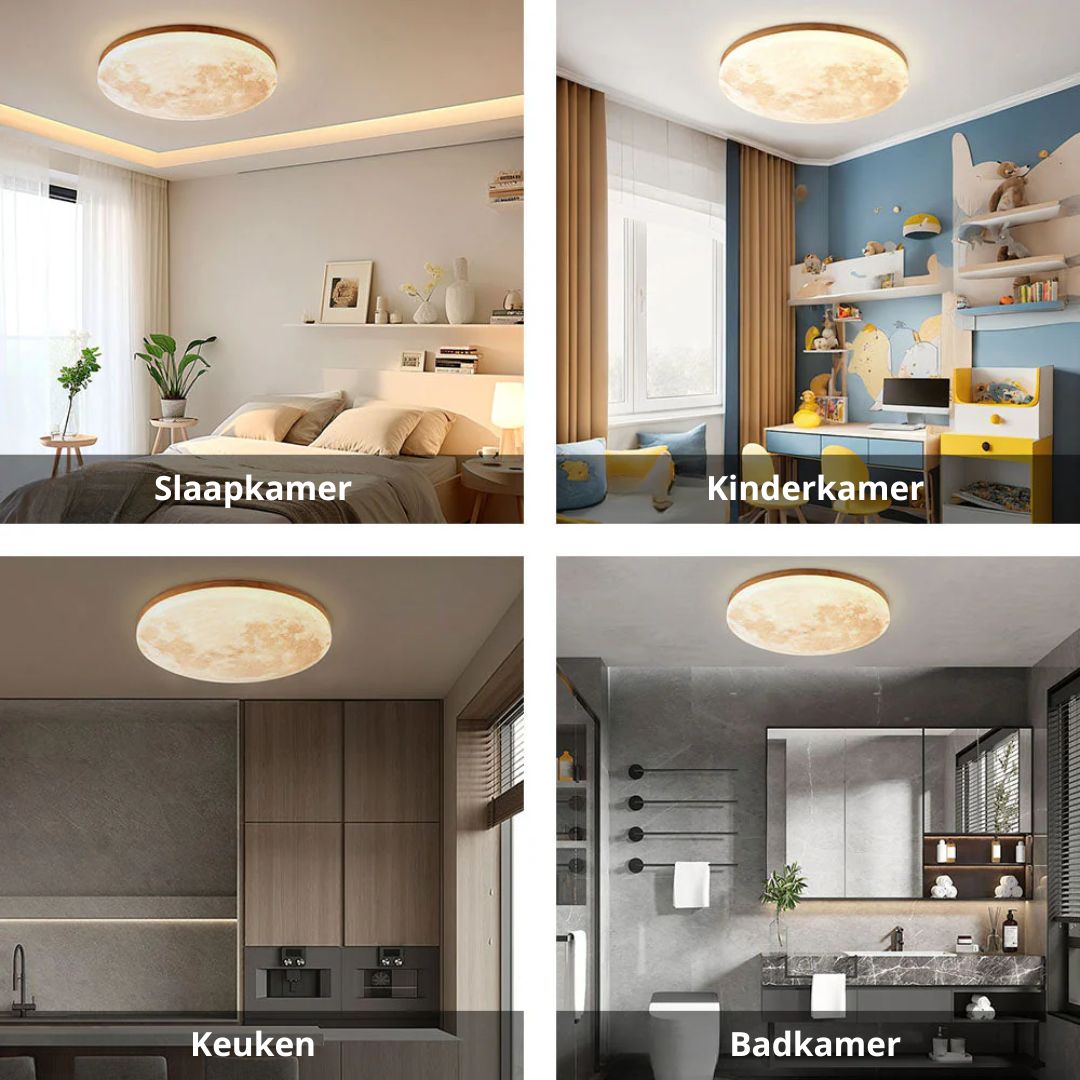 Round Flush Mount LED Ceiling Light with Lunar Surface Design Wood & Acrylic 19 in Diameter for Bedrooms Living Rooms Hallways Modern Ambien