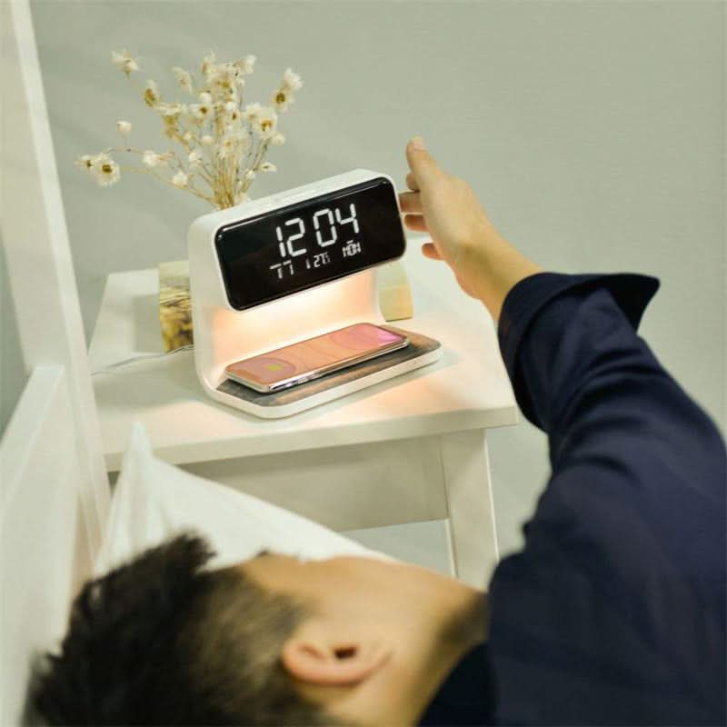 Bedside Lamp with Wireless Charging Station and Alarm Clock Display LED Nightstand Light Touch Dimmer for Bedroom Nightstand Qi Phone Charge