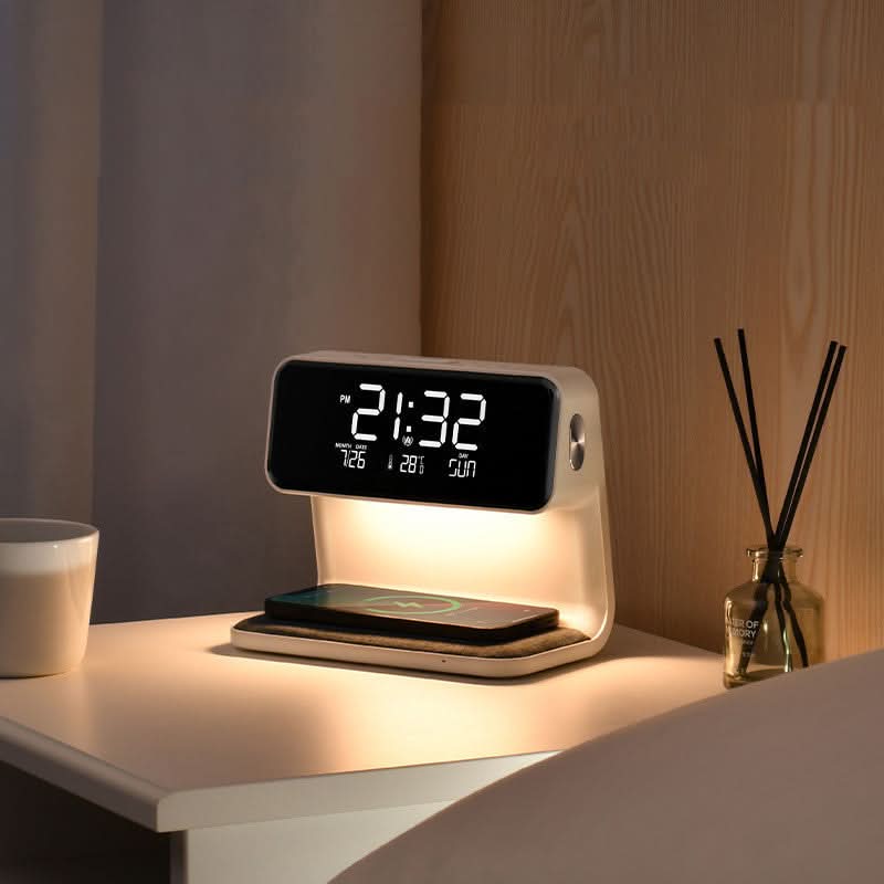 Bedside Lamp with Wireless Charging Station and Alarm Clock Display LED Nightstand Light Touch Dimmer for Bedroom Nightstand Qi Phone Charge
