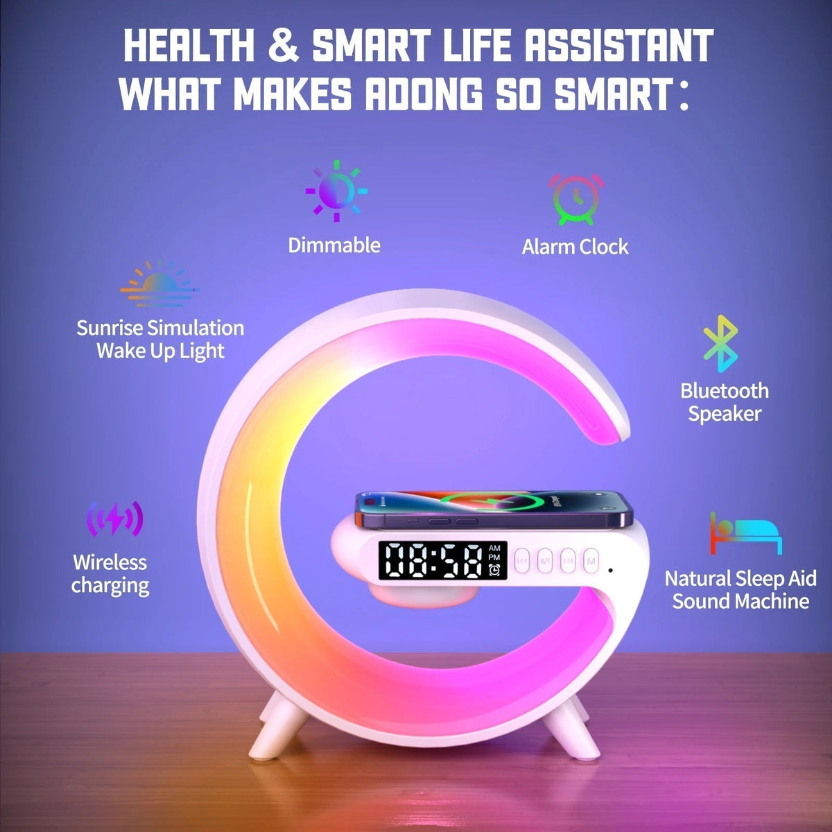 Smart Alarm Clock | 15W Wireless Charger & Bluetooth Speaker | Stylish Ambient Lamp for Relaxation