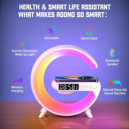 Smart Alarm Clock | 15W Wireless Charger & Bluetooth Speaker | Stylish Ambient Lamp for Relaxation