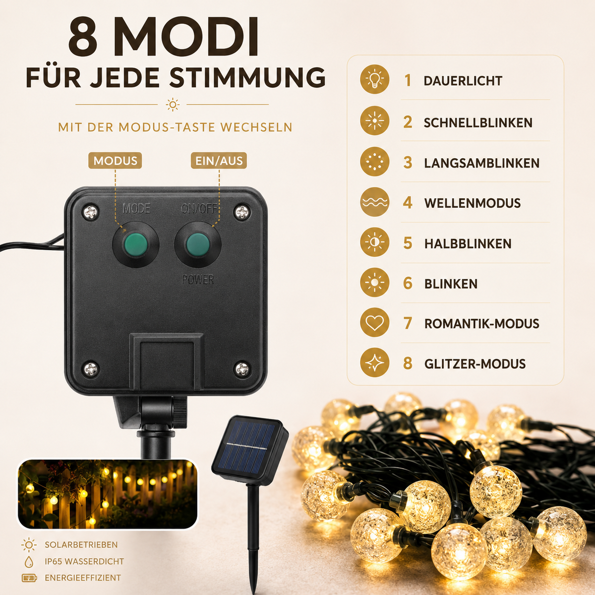 Solar String Lights Outdoor Waterproof 33ft LED Globe Fairy Lights for Patio Garden Camping Party Deck Yard Warm White Glow Wireless