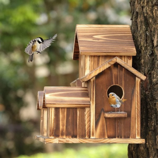Multi-Chamber Wooden Bird Nest Box with Hanging Rope for Yard & Patio Décor – Handcrafted Natural Shelter for Small Birds