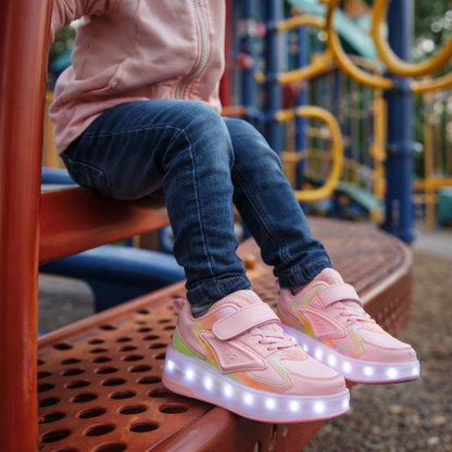 Kids Light-Up Skate Sneakers with Wheels Pink LED Roller Shoes Velcro Strap Boys Girls Youth Rechargeable Glowing Athletic Footwear