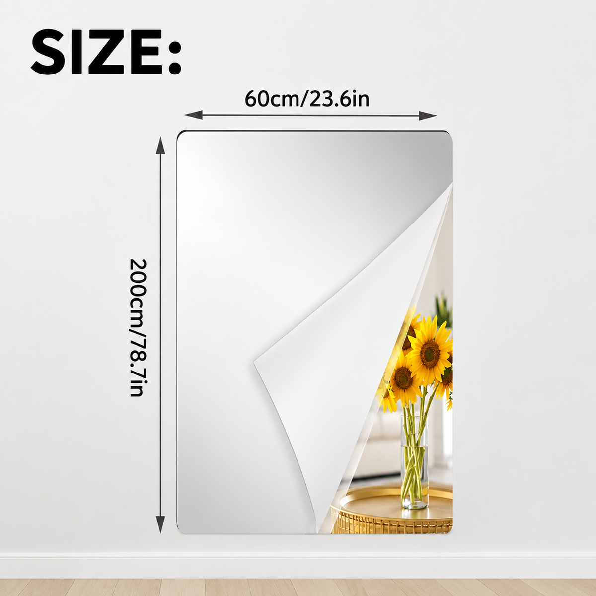 Shatter-Proof Mirror Film Self-Adhesive Reflective Sheet for Walls Doors Furniture Safety 20x39 inches Trim-to-Fit PET Plastic Home Decor Ki