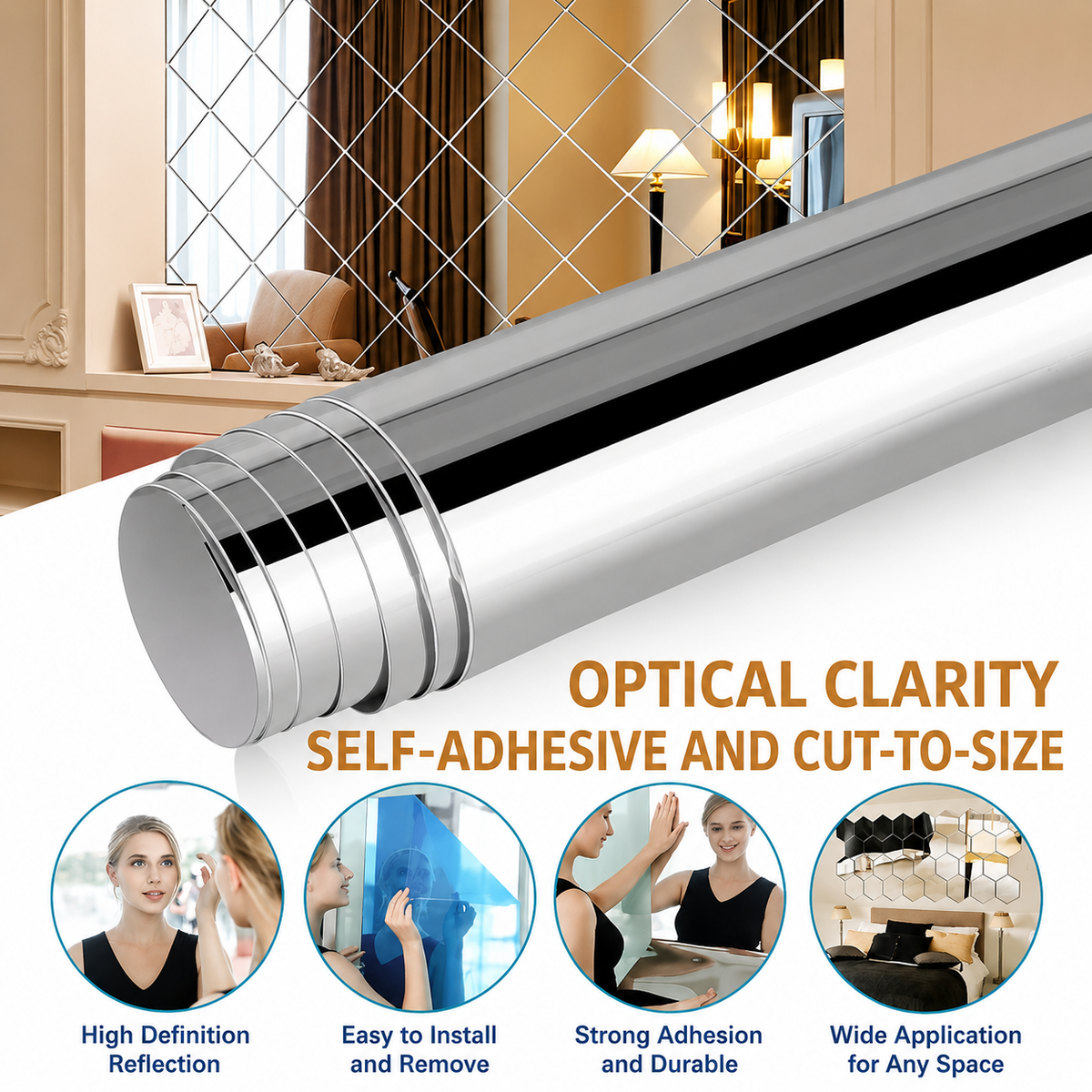 Shatterproof Mirror Film Sheet | Self-Adhesive Reflective Surface | Trim-to-Fit Wall Decal | Crystal Clear Finish for Walls, Doors &