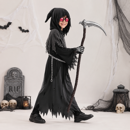 Spooky Costume Collection | Grim Reaper Hooded Robe Set with Glowing Eyes | Perfect for Halloween Fun