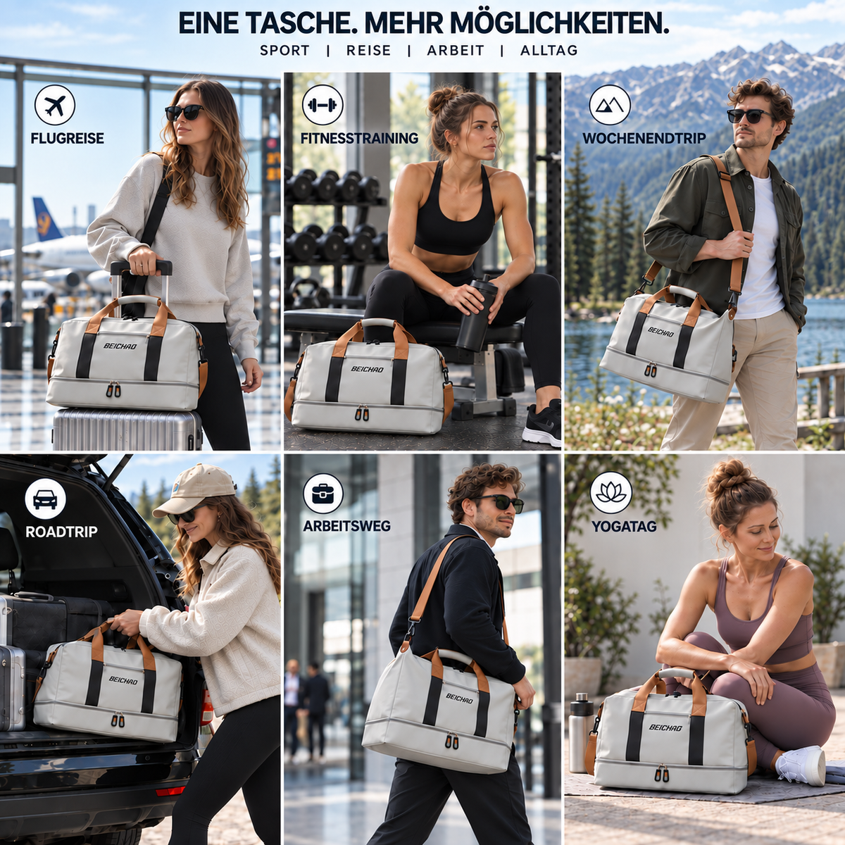 Weekend Duffel Bag with Shoe Compartment & Wet-Dry Separation for Gym Travel