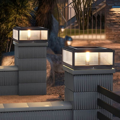 Square Pillar Light with Ribbed Glass Shade – Durable Outdoor Lighting for Landscape and Pathways