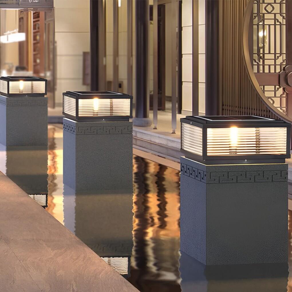 Square Pillar Light with Ribbed Glass Shade – Durable Outdoor Lighting for Landscape and Pathways