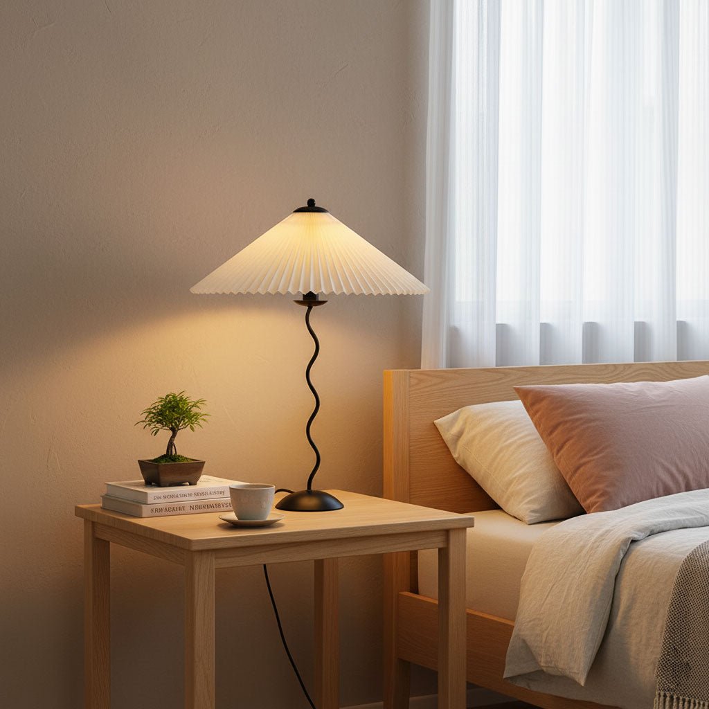Sculptural Desk Lamp with Gathered Shade & Arc Base 17-inch Beige White Green Black Nightstand Light for Bedroom Living Room Accent