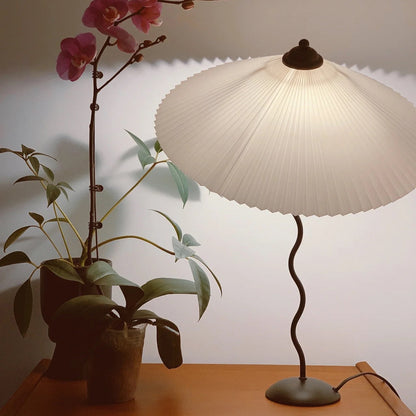 Sculptural Desk Lamp with Gathered Shade & Arc Base 17-inch Beige White Green Black Nightstand Light for Bedroom Living Room Accent