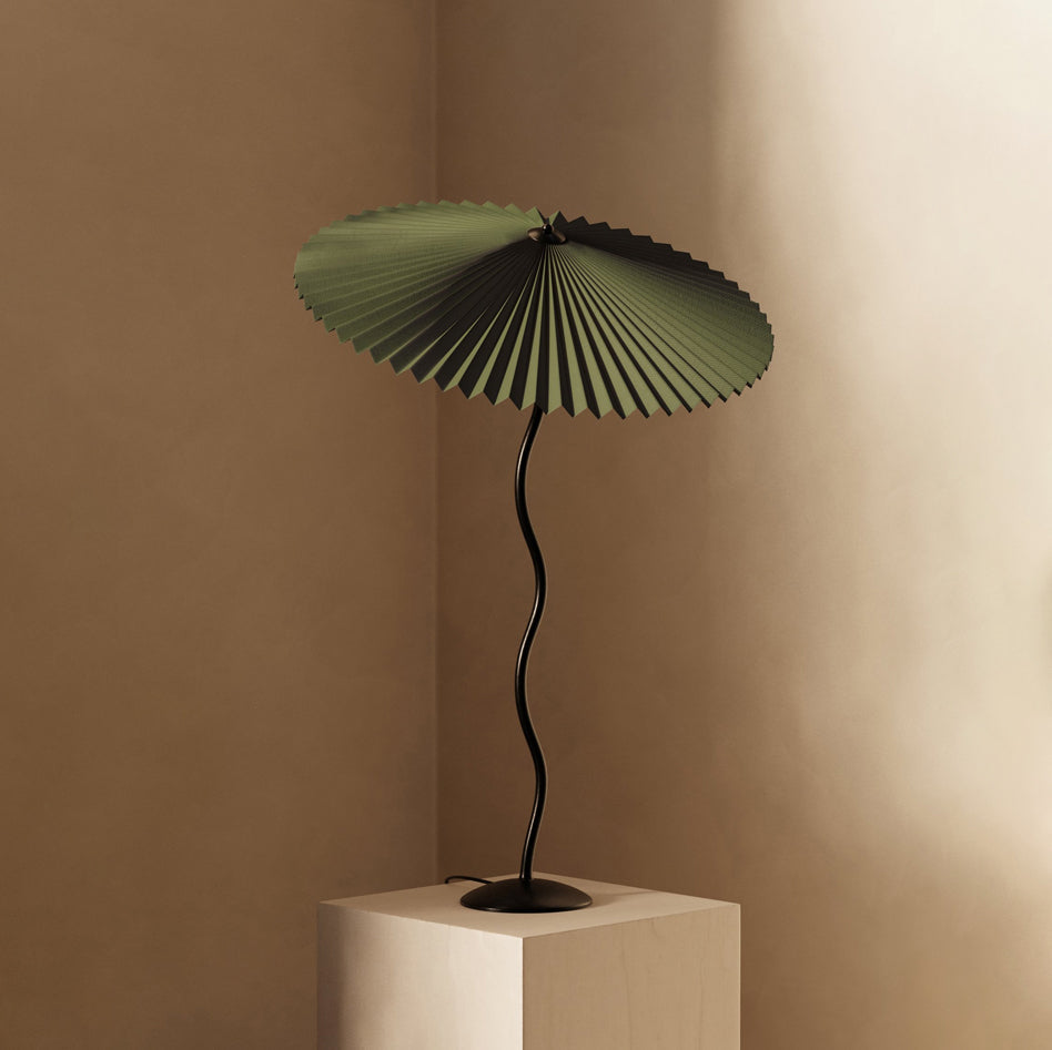 Sculptural Desk Lamp with Gathered Shade & Arc Base 17-inch Beige White Green Black Nightstand Light for Bedroom Living Room Accent