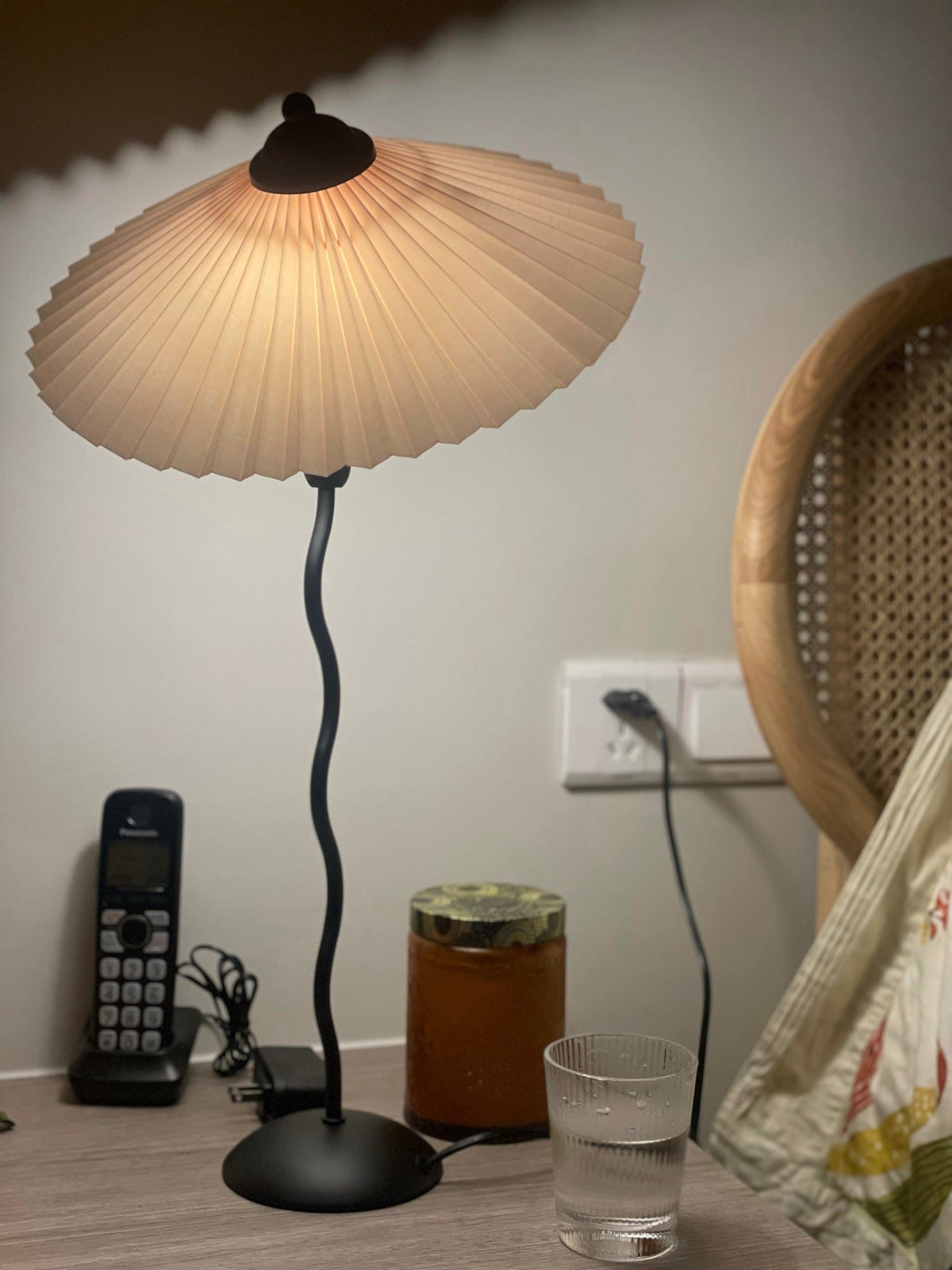 Sculptural Desk Lamp with Gathered Shade & Arc Base 17-inch Beige White Green Black Nightstand Light for Bedroom Living Room Accent
