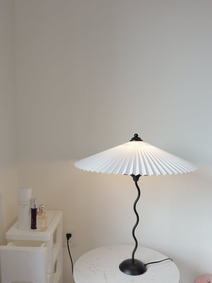 Sculptural Desk Lamp with Gathered Shade & Arc Base 17-inch Beige White Green Black Nightstand Light for Bedroom Living Room Accent