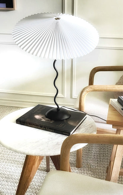 Sculptural Desk Lamp with Gathered Shade & Arc Base 17-inch Beige White Green Black Nightstand Light for Bedroom Living Room Accent