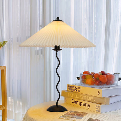 Sculptural Desk Lamp with Gathered Shade & Arc Base 17-inch Beige White Green Black Nightstand Light for Bedroom Living Room Accent
