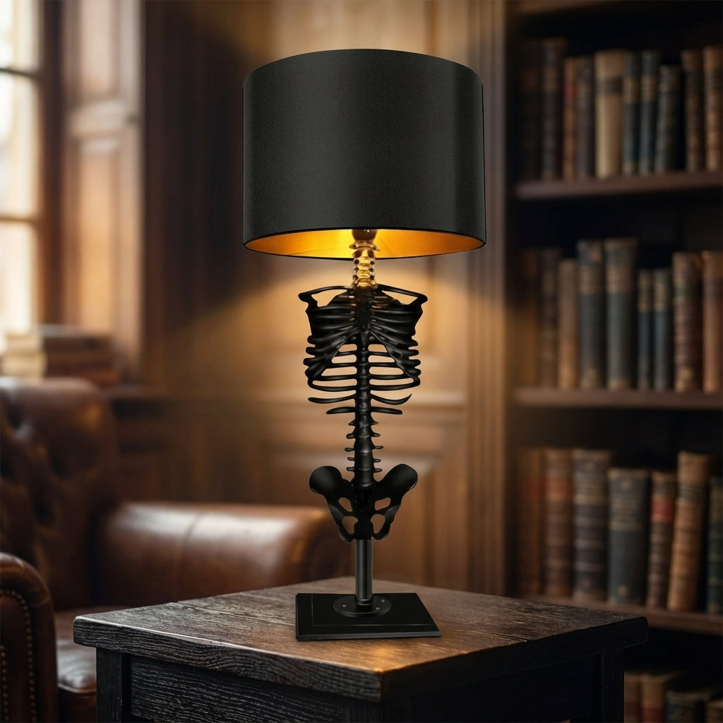 Resin Skeleton Desk Lamp 13.8 in Black Gothic Bedside Accent Light Warm Atmospheric Mood Lighting for Reading Corner Home Office Bedroom Dec