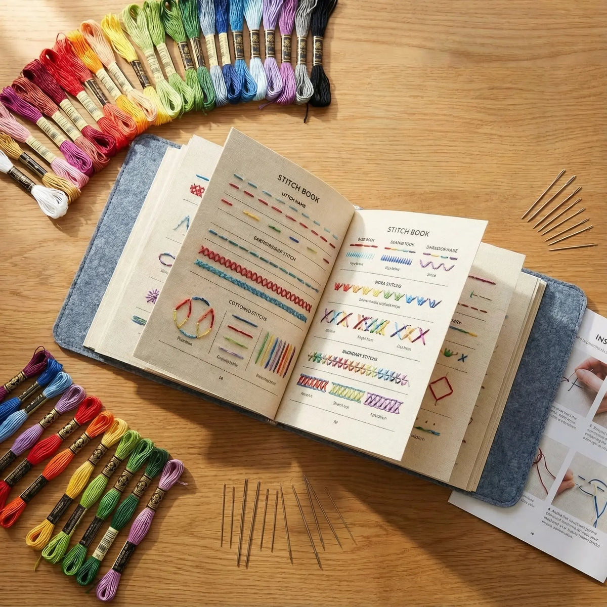 Embroidery Stitch Sampler Book with 106 Techniques – Beginner-Friendly Kit with Bamboo Hoop, Cotton Thread & Video Tutorials for Learning Ha