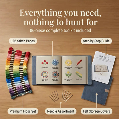 Embroidery Stitch Sampler Book with 106 Techniques – Beginner-Friendly Kit with Bamboo Hoop, Cotton Thread & Video Tutorials for Learning Ha