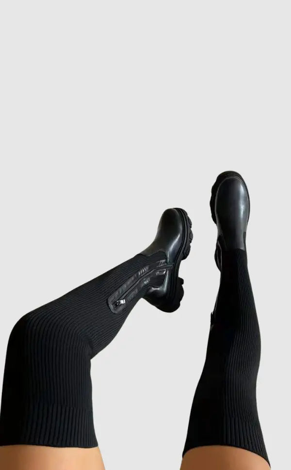 Women's Knee-High Fabric Boots Flexible Knit Upper Slip-On Design Fall Winter Footwear for Casual & Dressy Outfits